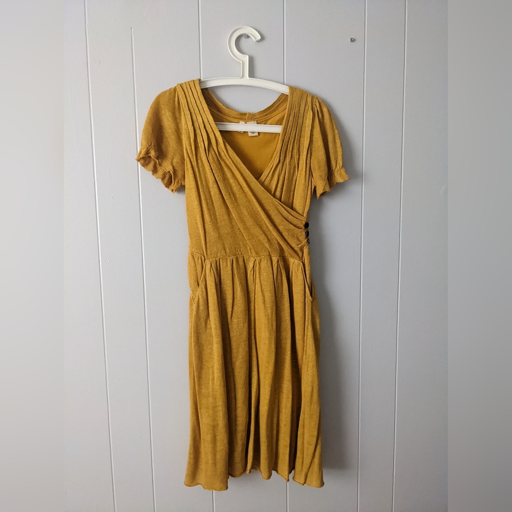 MOTH Anthropologie mustard yellow marigold linen knit dress beautiful - Picture 2 of 4
